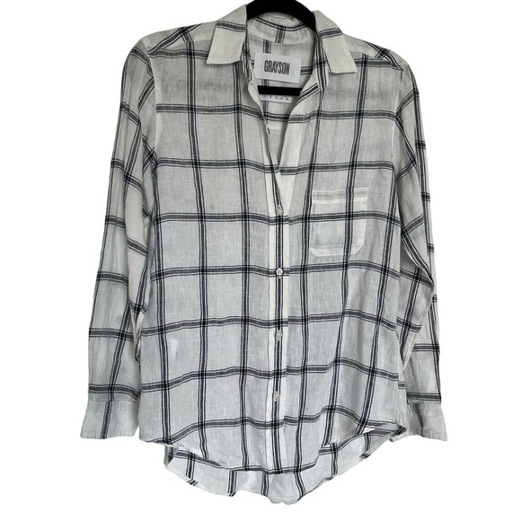 Grayson Anthropologie Size 1 (US XS) The Hero 100 Linen Plaid White Blue Button - Picture 1 of 6